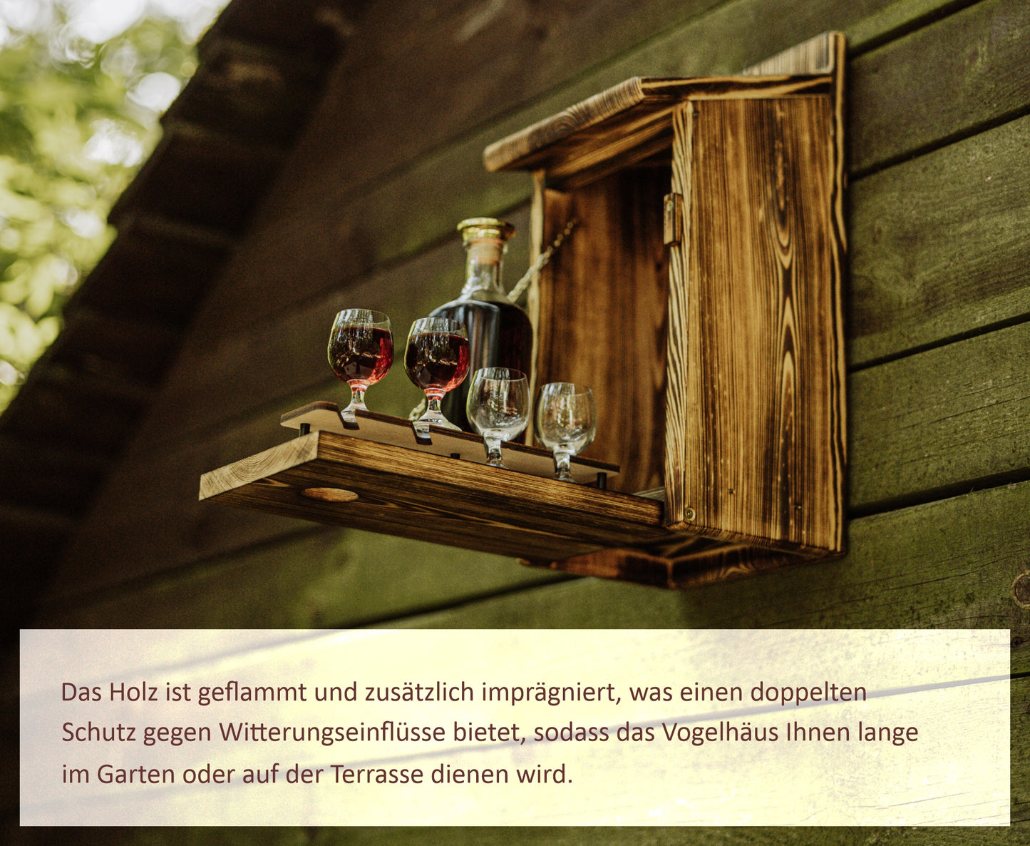 Wooden birdhouse with liquor minibar 