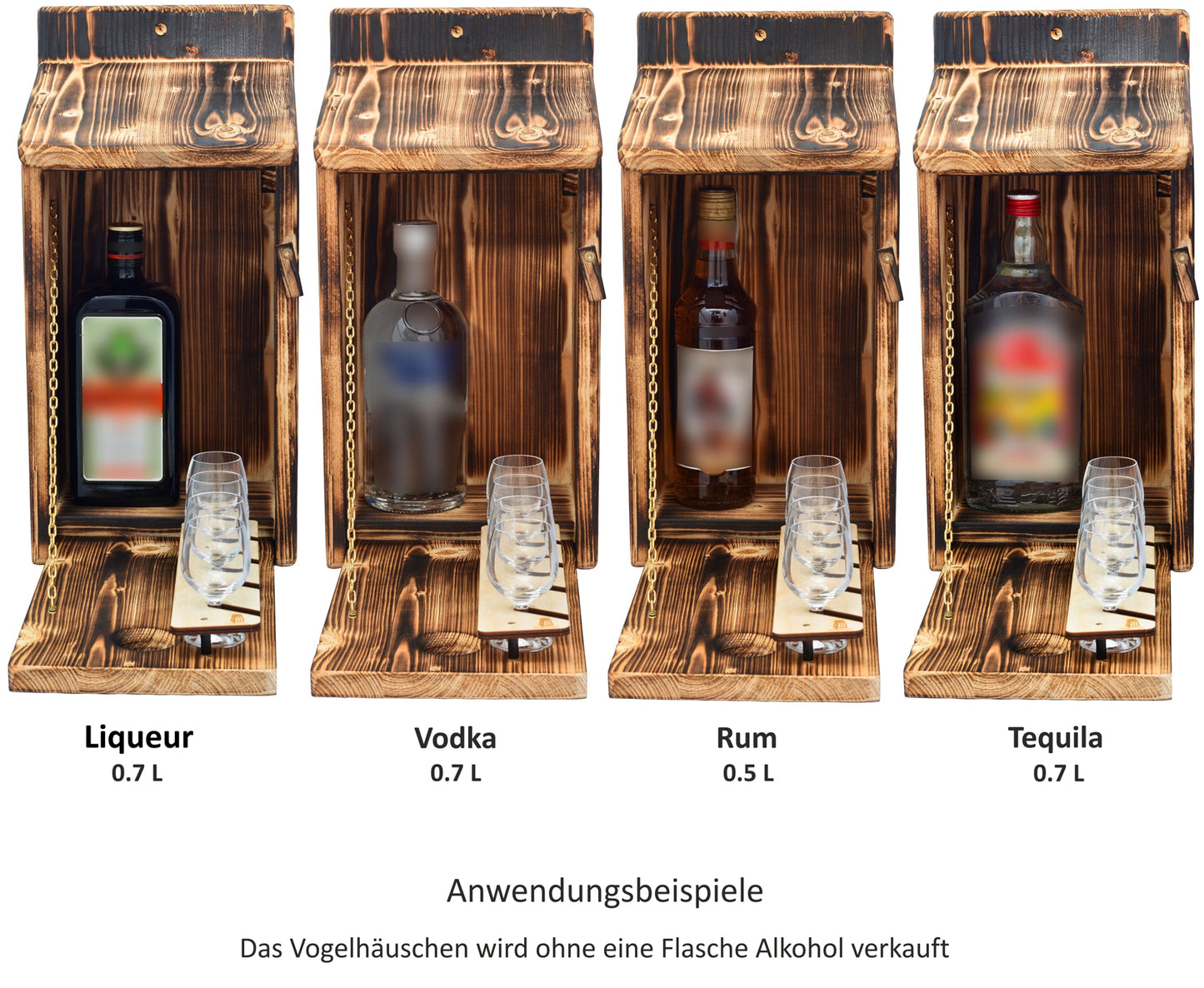 Wooden birdhouse with liquor minibar 